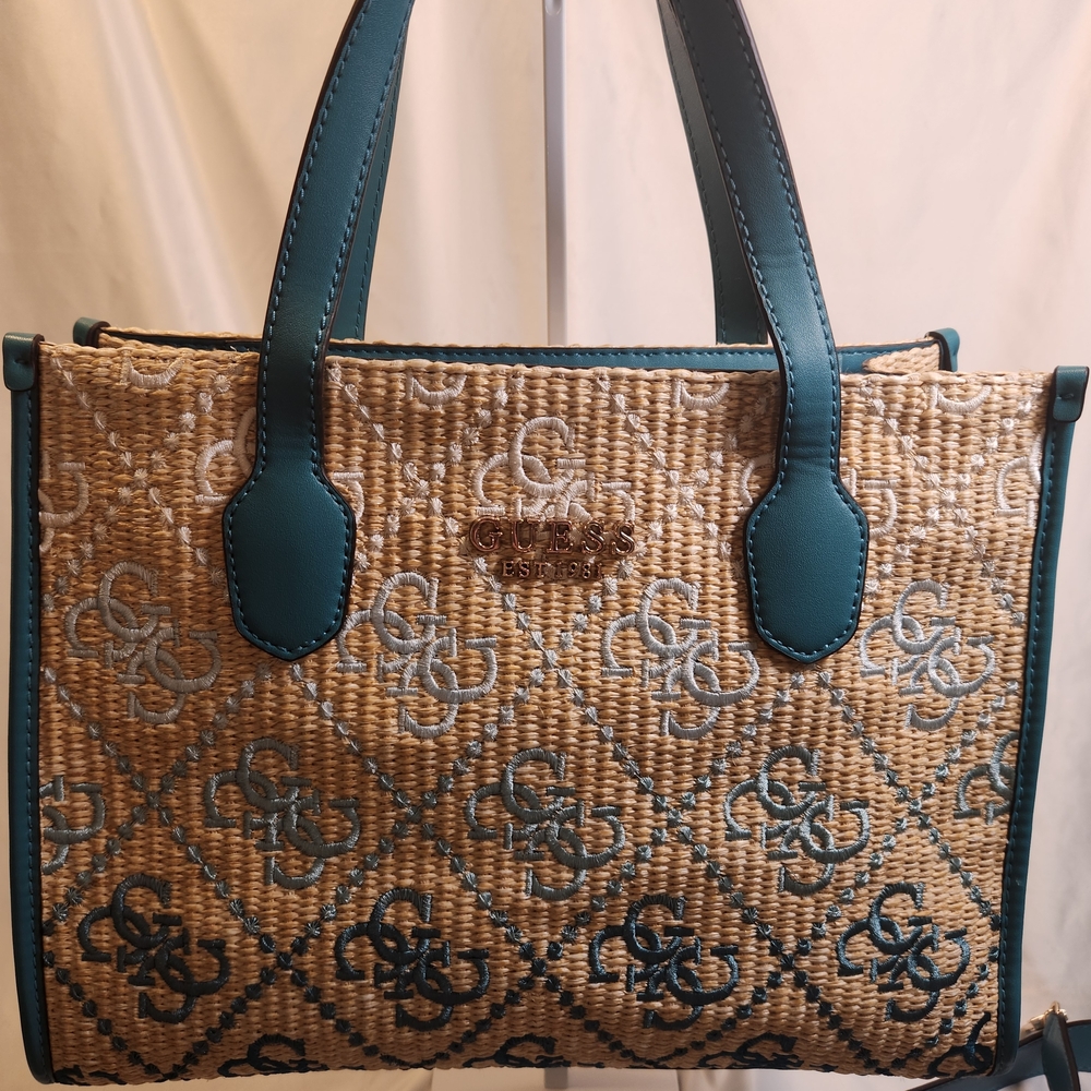 Guess Silvana 2 Compartment Tote in the Teal logo and Raffia Ombre Design NWOT